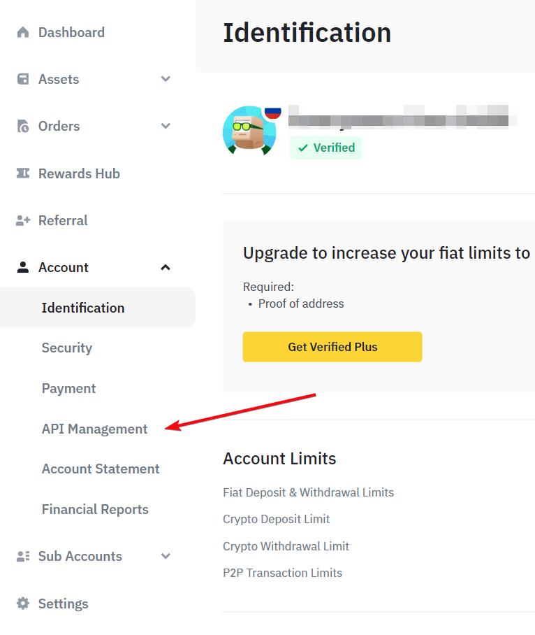 Menú Account de Binance, opción API Management