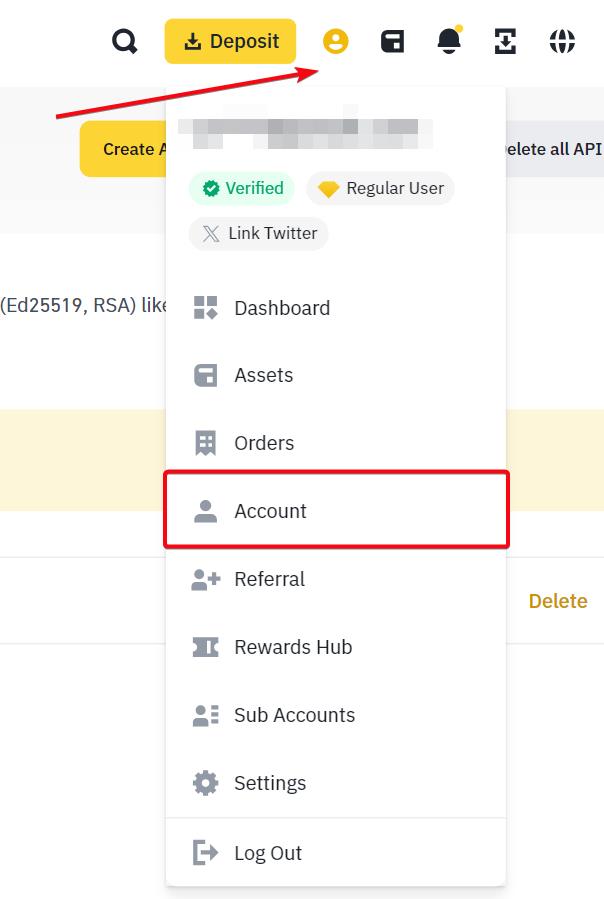Menú de perfil de Binance, opción Account