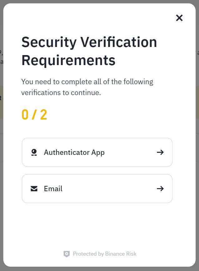 Ventana Security Verification de Binance: Authenticator App y Email