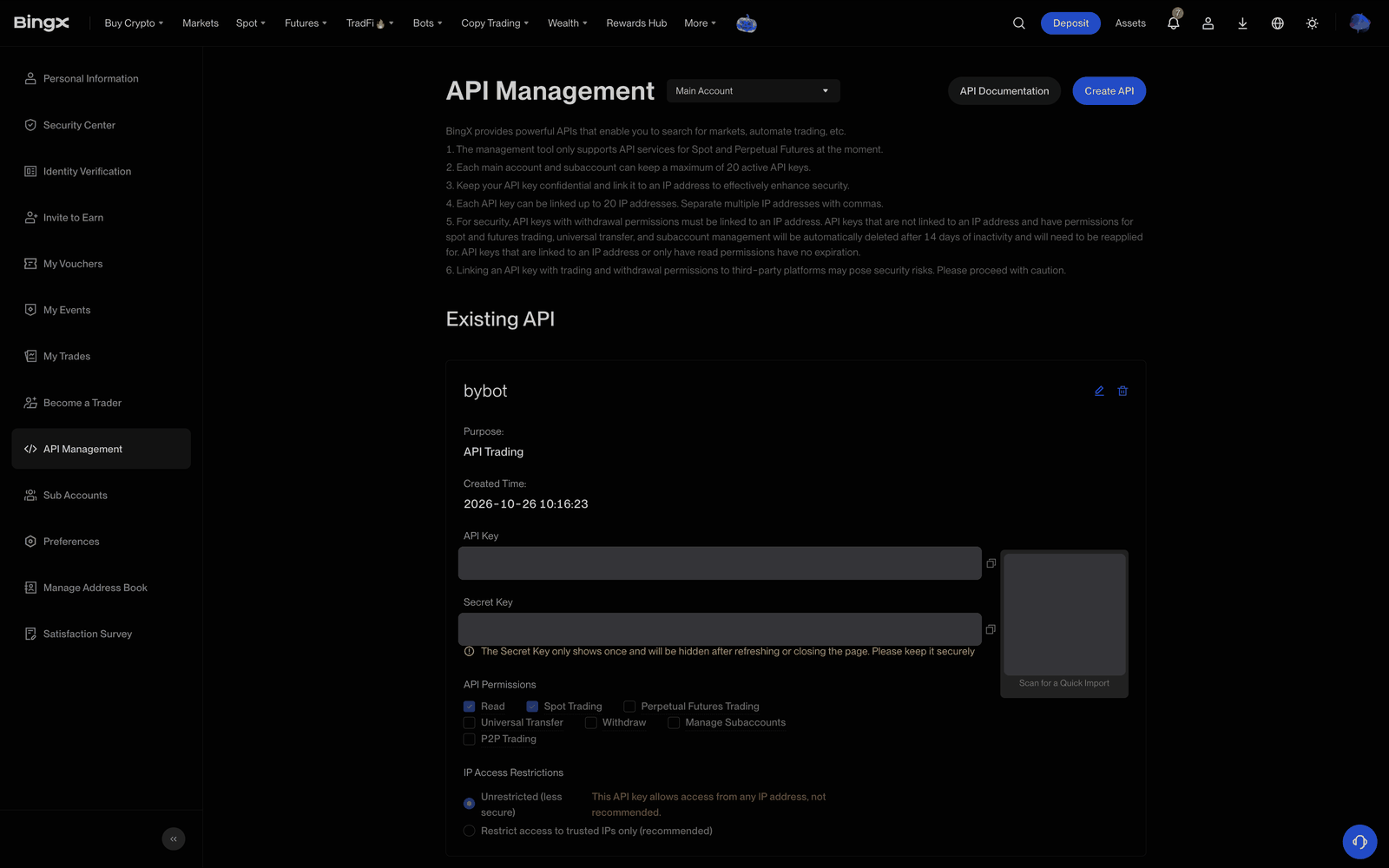 New BingX key under Existing API: API Key, Secret Key, Read and Spot Trading permissions, Unrestricted IP access