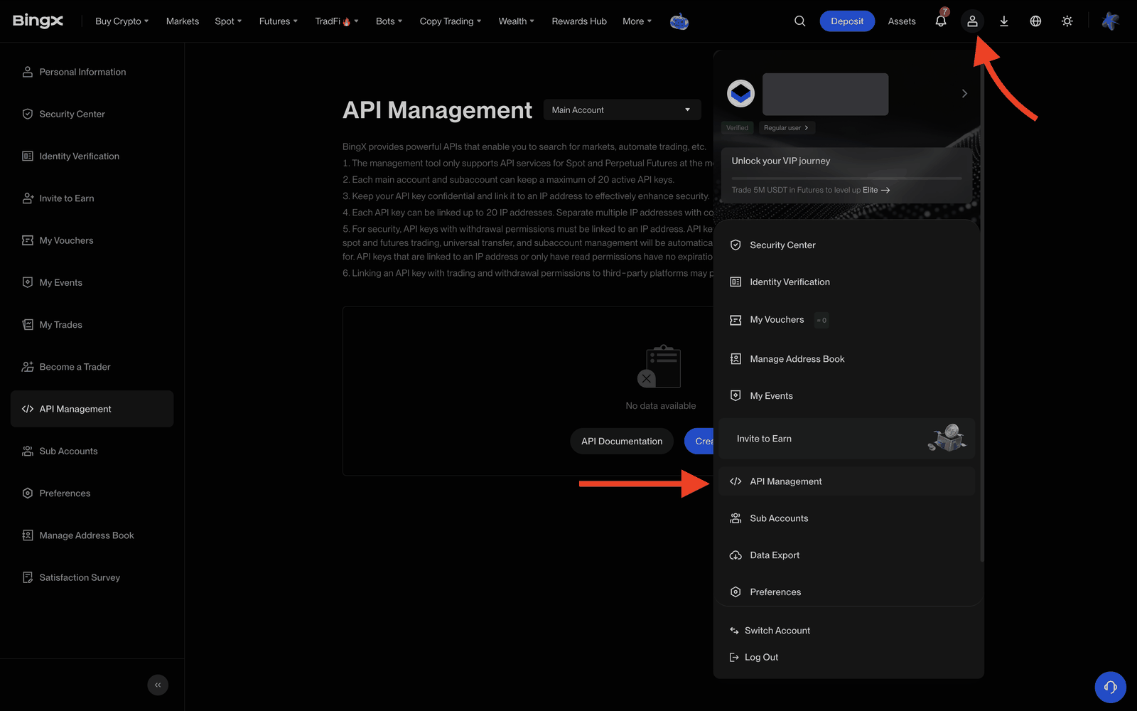 BingX profile menu, API Management item
