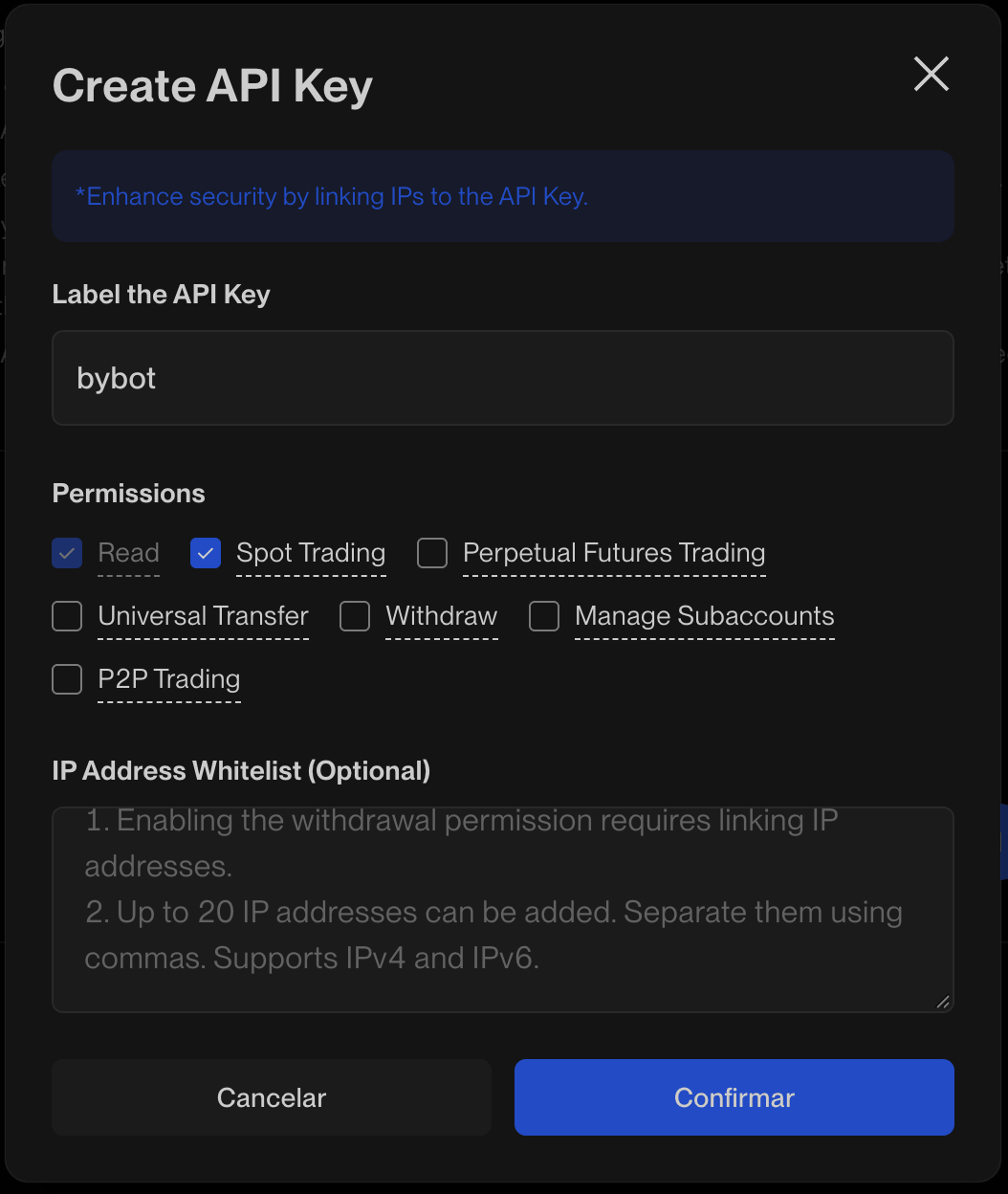 BingX Create API Key window: label bybot, Read and Spot Trading checked, IP whitelist empty
