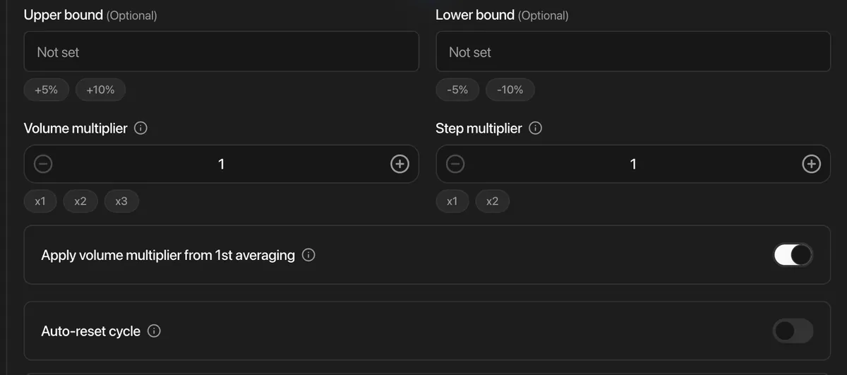 Advanced DCA bot parameters: operating range, multipliers, and cycle controls
