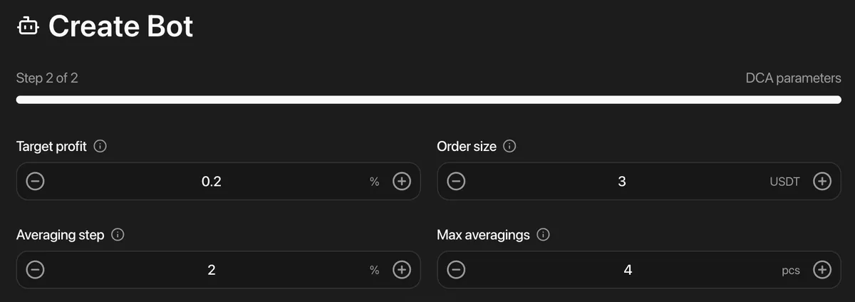 Basic DCA bot parameters: target profit, order size, averaging step, and maximum averaging orders