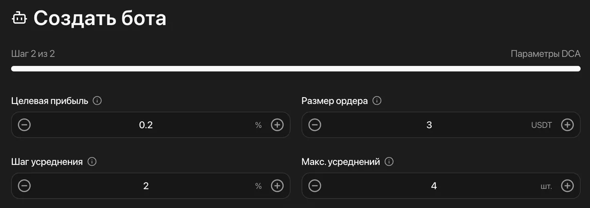 Основные параметры DCA-бота: целевая прибыль, размер ордера, шаг и количество усреднений