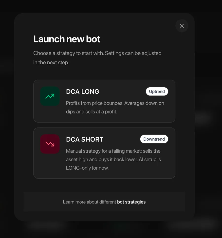Choosing DCA LONG or DCA SHORT when creating a bot