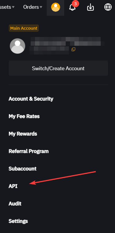Bybit profile menu, API item