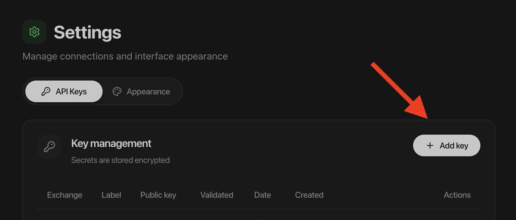 API Keys tab in Bybot settings with the Add key button