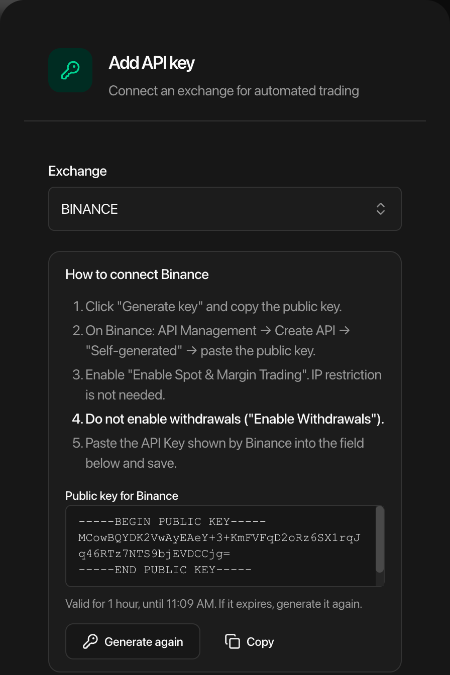 Diálogo para agregar una clave API en Bybot: Binance seleccionado, clave pública generada, botón Copy