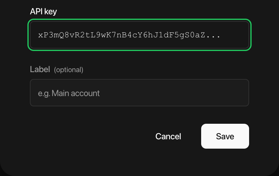 Campo API key en Bybot con la API Key de Binance pegada, botón Save