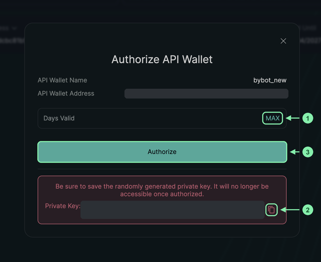 Authorize API Wallet window: MAX in Days Valid, copy button for the private key, Authorize button