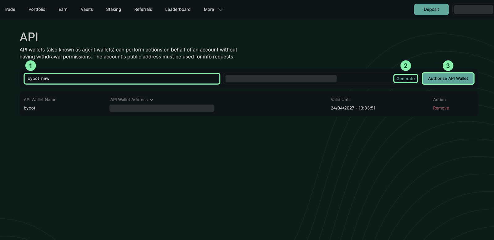 Hyperliquid API page: API Wallet name field, Generate and Authorize API Wallet buttons