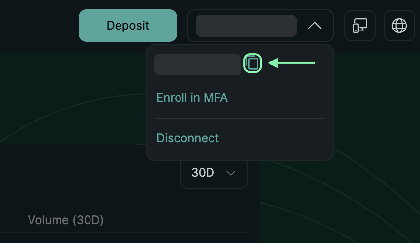 Hyperliquid account menu with the copy button next to the wallet address