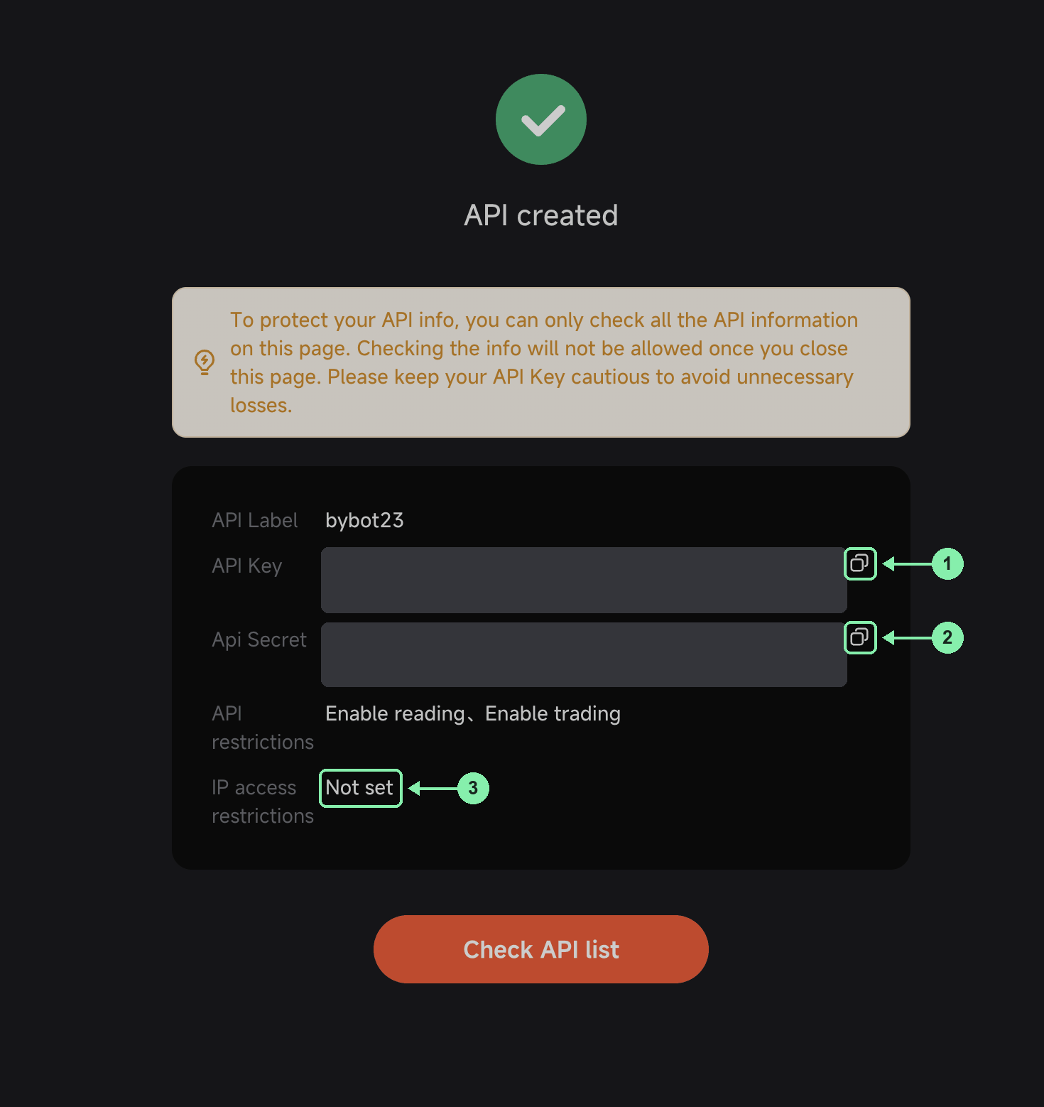 Pionex API created page: copy buttons for API Key and Api Secret, IP access restrictions Not set