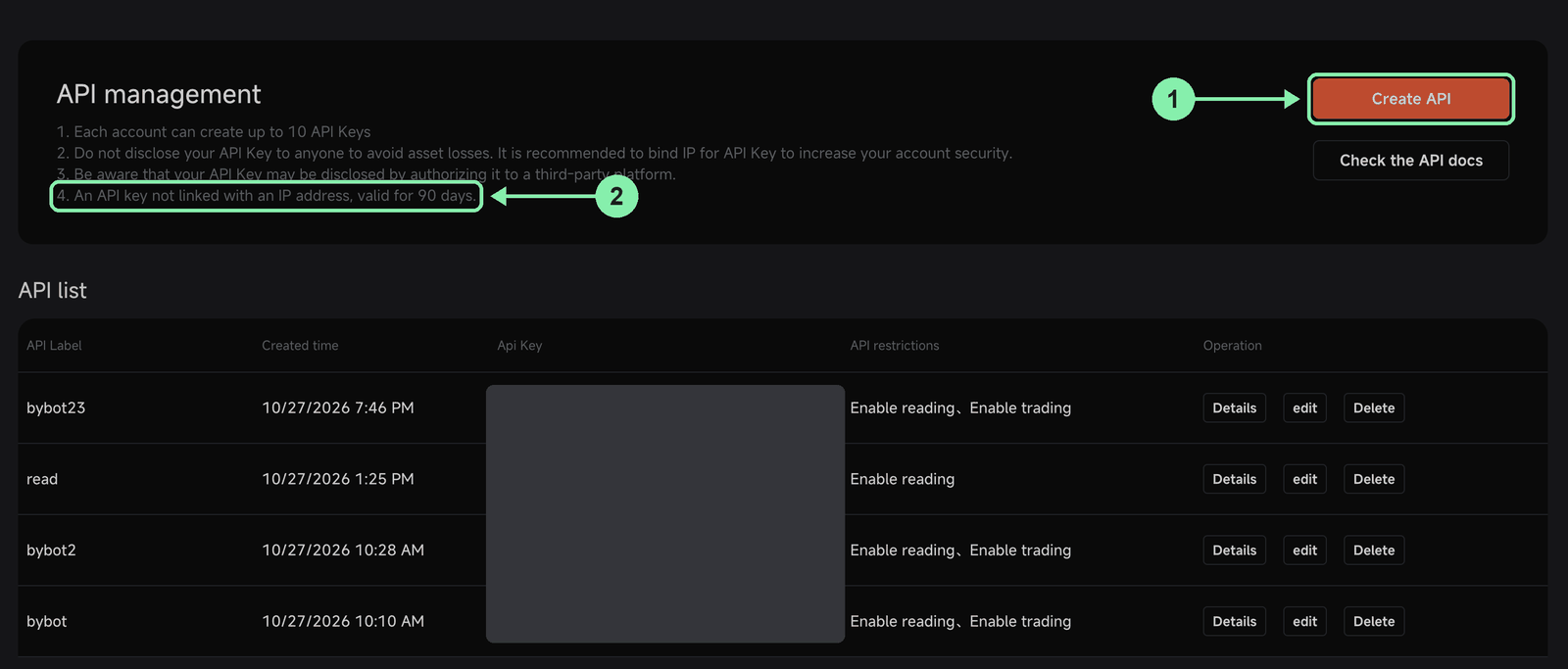 Pionex API management page: Create API button and the note that a key without an IP is valid for 90 days