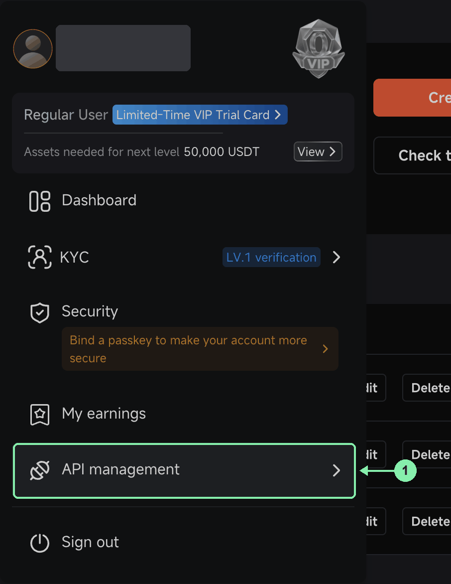 Pionex profile menu, API management item