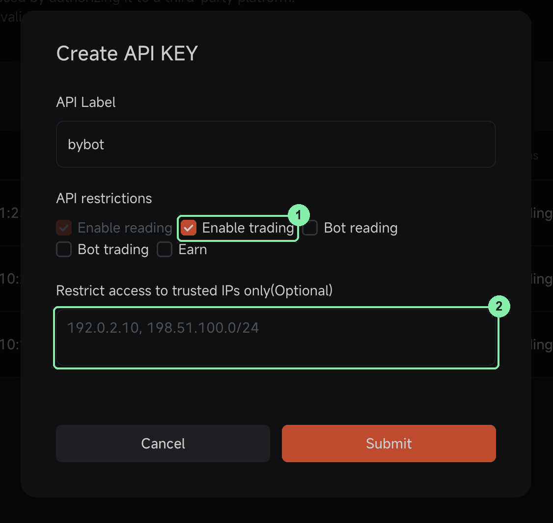 Pionex Create API KEY window: label bybot, Enable trading checked, IP field empty
