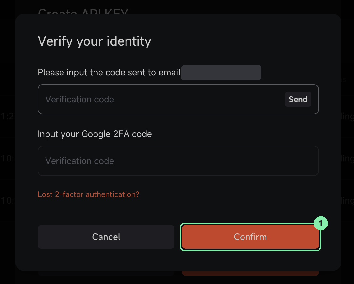Pionex Verify your identity window: email code and Google 2FA code